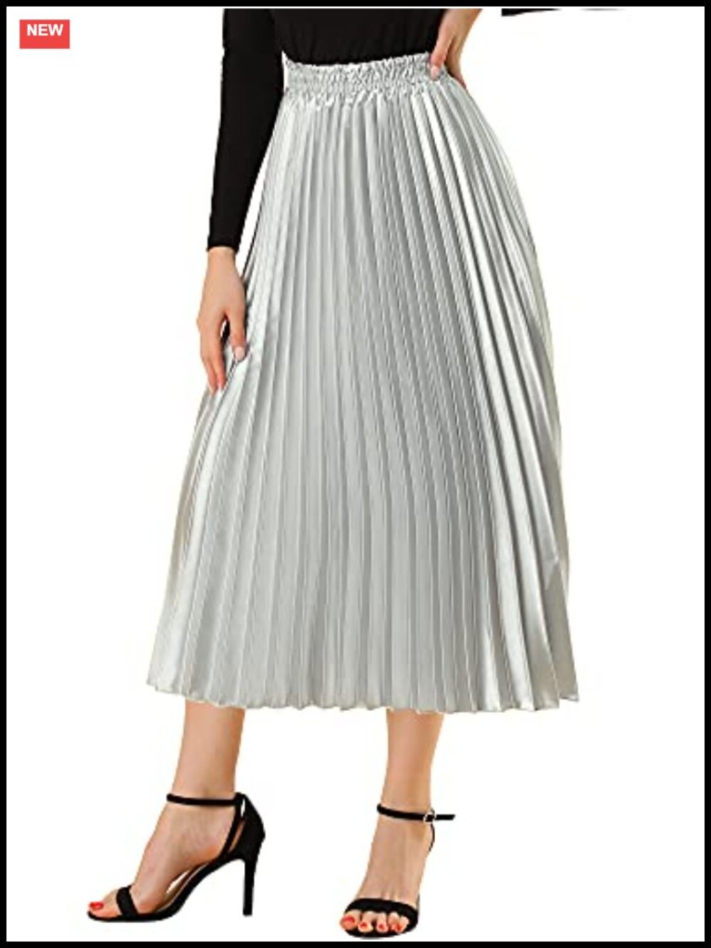 Women's High Waisted Pleated Metallic Midi Skirt Elastic Waist A-Line Party
